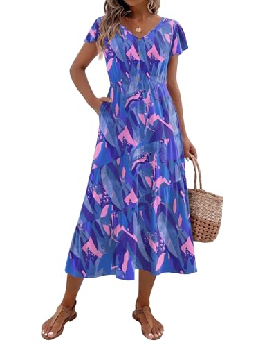 Image of Zeagoo Women's Summer Casual Dress Flutter Short Sleeve V Neck Button Down Tiered Flowy Long Dress with Pockets
