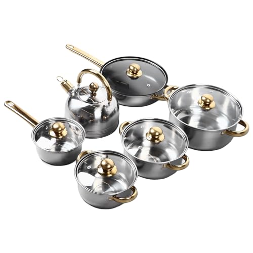 Juego de Ollas y Sartenes de Acero Inoxidable de 12 Piezas, Juego de Utensilios de Cocina Profesionales conDorado, Sartén Resistente Al Calor Fácil de Limpiar para Todas Las