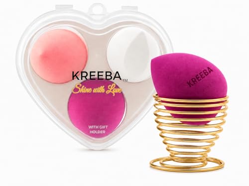 KREEBA 3 Pcs Makeup Sponge Set - The Trio of Precision: Every Angle Covered - Heart-Shaped Travel Box - Included Bonus Gold Drying Stand - Latex-Free for Face-Beauty Sponges Give Flawless Finish Vegan