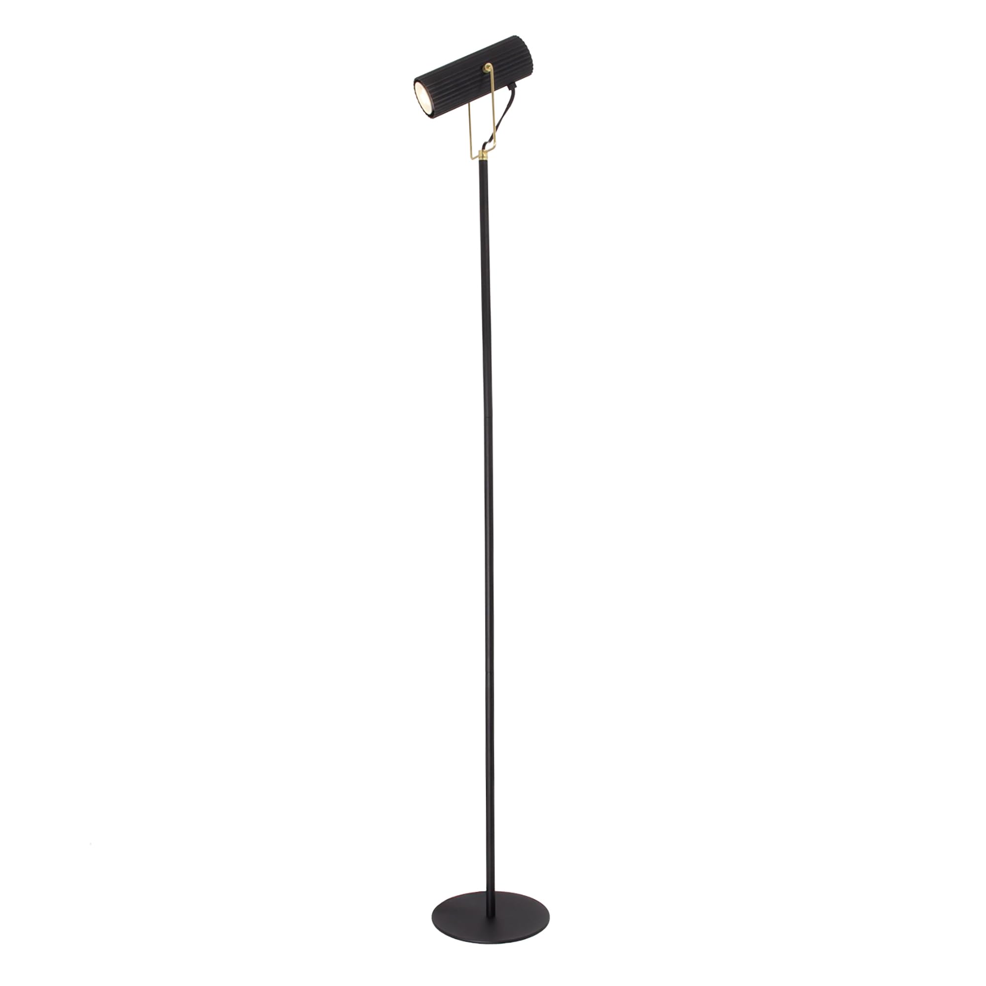 Happy Homewares Modern Spot Floor Lamp in Matte Black and Polished Gold with Adjustable Grooved Head | Inline Foot Switch Button | 131cm x 18cm