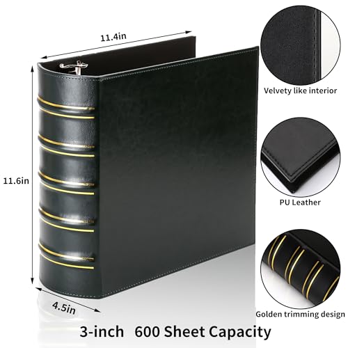 Image of LETVPVOW Vintage Hardback 3 Ring Binder 3 Inch, Professional Leather Binder 3 Ring, Three Ring Binders Fits 8.5 x 11, D Ring Binders for Photo Album, Home, School and Office Supplies- Dark Green