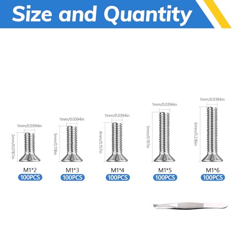 Jiahezhi Lot de 500 mini vis M1 x 2/3/4/5/6 mm à tête fraisée pour montres, ordinateurs, lunettes, micro vis argentées – vue 2