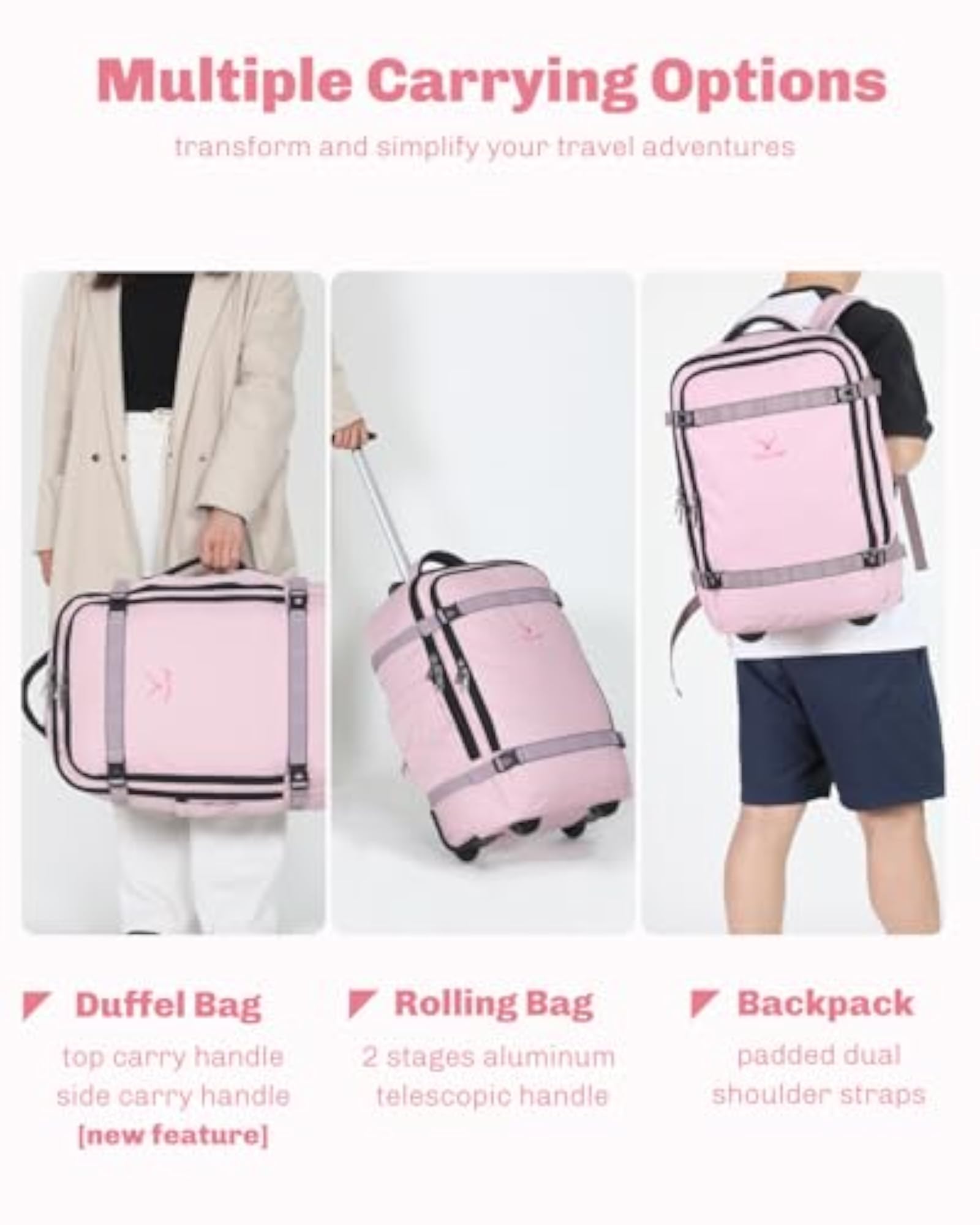 Rolling Backpack 42L with Wheels for Travel