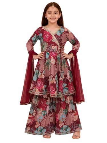 Image of Preneum Girls's Ethnic Cotton Bandhani & Lehariya Printed 3 /4 Sleeves Gotta Patti Angrakha Kurta with Sharara Set