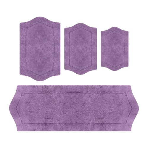 Home Weavers Waterford Collection 100% Cotton Tufted Bath Rug, Extra Soft and Absorbent Bath Rugs, Non-Slip Bath Mats, Machine Washable Bath Mats for Bathroom, 4 Piece Set with Runner, Purple