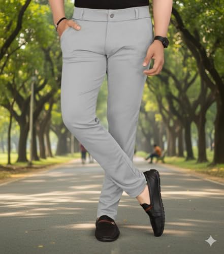 Image of Men's Classic Track Pants, Slim Fit, Lycra Blend Stretchable Business Casual Dress Pants, 4 Pockets, Button and Zipper Closure