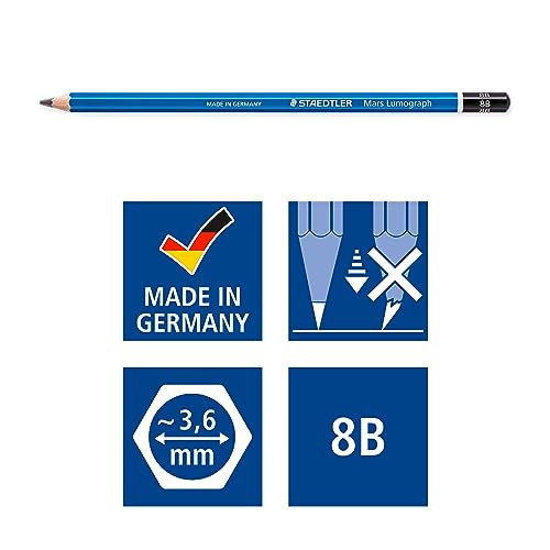 STAEDTLER Ołówek Mars Lumograf, stopień twardości 8B, niewiarygodnie odporne na pękanie ołówki premium, wysoka jakość, specjalna receptura wkładu, sześciokątny kształt, 12 ołówków w składanym pudełku,