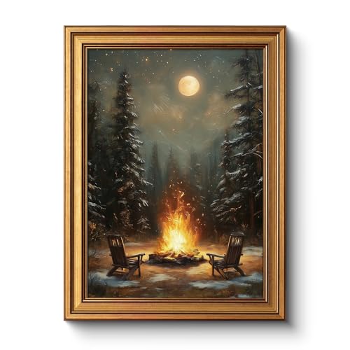 Vintage Gold Framed Winter Landscape with Campfire Wall Art, 12x16