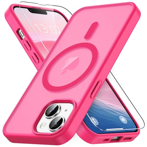 Coque pour iPhone 14 compatible MagSafe rose vif mince antichoc avec vitre