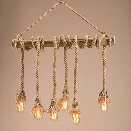 Image of Hemp Rope Bamboo 6 Light Vintage Hanging Lamp Pendant Light Without Bulb, E27 Holder, Jute Color