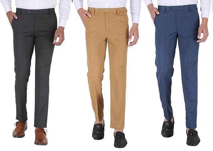 Image of ABLESTAR Men's Polycotton Slim Fit Formal Trouser - Spendex Cotton Casual Pant for Men - Breathable, Lightweight, Adjustable Formal Trouser for Men - Pack of 3