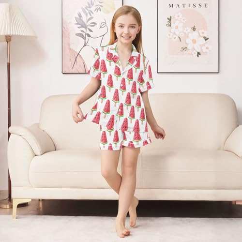 ALAZA Watermelon Ice Cream White Satin Pajamas Set Short Sleeve Button Down Sleepwear Summer Pjs 2 Piece3