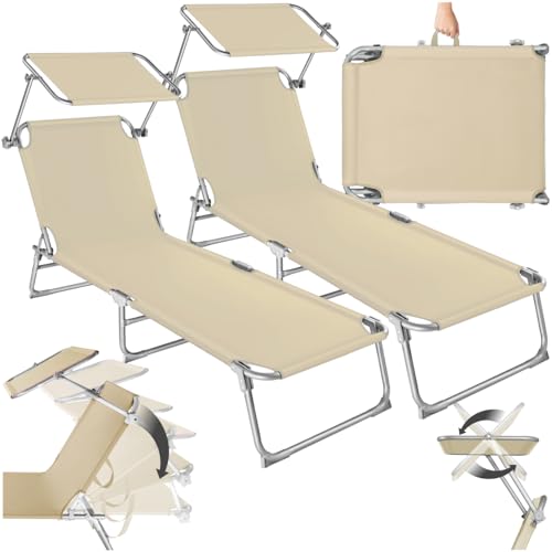 tectake® Set de 2 Chaise Longue Pliante Bain de Soleil Jardin Exterieur avec Pare Soleil Chaise Longue inclinable Transat de Plage Relax Camping Salon de Jardin...