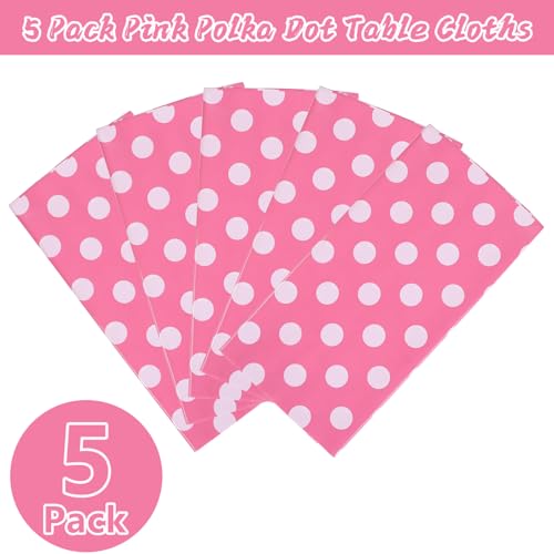 Image of Kesfey 5 Packs Pink Polka Dot Tablecloth 54 x 108 Inch Minnie Mouse Table Cloths Pink and White Balloon Dots Minnie Theme Table Cover Disposable Plastic Rectangle Picnic Tablecovers for Birthday Party