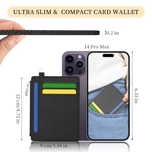 Image of Hancynir Black Minimalist Slim Wallet Women Credit Card Holder RFID Small | Zipper Pocket Wallet, Thin Travel Coin Purse, Ladies Women Men Gifts, Cute Card Case, 6 Card Slots, ID Window, PU Leather
