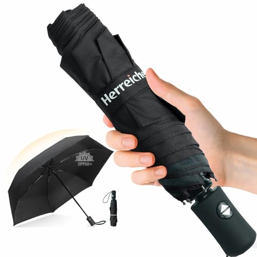 Herreicher Parapluie de voyage automatique - Compact pliable et portable Protection UV Léger Envergure de 98cm 6 baleines 210T Tissu UPF50+ Pour adultes et...