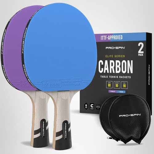 PRO-SPIN Tischtennisschläger – ITTF-zugelassener Carbon Profischläger für überlegene Präzision und Spin | Profi-Obergummi, 2,0 mm Schwammstärke, Schutzhülle (Blau | Lila, 2er-Pack)