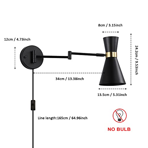 Image of SUNLLOK Modern Black Swing Arm Wall Sconce with Plug in Cord - Rustic Adjustable Ceiling Hanging Wall Light Fixture - Industrial Indoor Metal Reading Wall Lamp Decoration for Living Room, Kids Bedroom