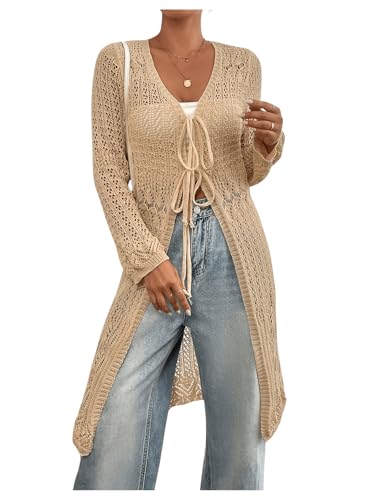 MakeMeChic Women's Long Sleeve Crochet Tops Hollow Out Knitted Cardigan V Neck Tie Front Long Outerwear