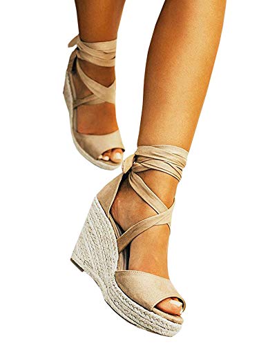 Image of SERAIH Womens Lace up Espadrilles Platform Wedges Sandals Heels Tie Ankle Strap Summer Dress Shoes
