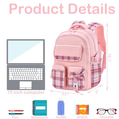 Backpack for Girls Kawaii Kids School Schoolbag Cute Bow Elementary Bookbag Travel Backpack (Pink, Medium)2