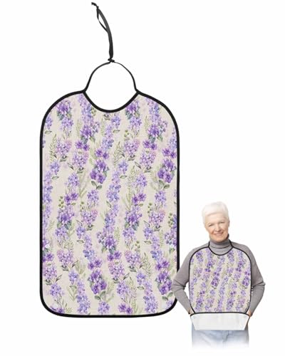 LEOKOTI Purple Spring Floral Adult Bibs for Eating, Waterproof Bibs with Food Catcher & Adjustable Snap Closure, Watercolor Summer Botanical Rustic Washable Clothing Protectors Adult Bibs for Elderly