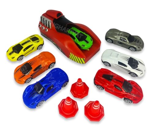 Image of Royals hub Big Size Rapid Launcher High Speed Car Set of 7PCS Die-Cast Metal Car Set Stunt Car Master Racer with High-Speed Launcher Includes 3 Road Blockers 1 Stopper Birthday Gift for Boys Girls 3+