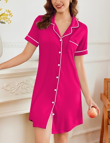 Image of Ekouaer Nightgowns for Women Button Down Sleepshirt Short Sleeve Nightshirt Boyfriend Pajamas V Neck Nightdress S-XXXL