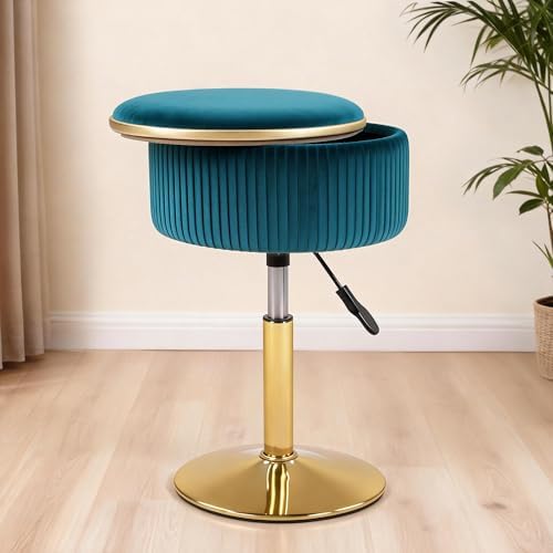 Adjustable Vanity Stool with Storage, 360° Swivel Gold Chair, Vel...