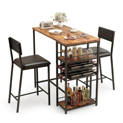 Crevyteg Juego de barra de desayuno de 3 piezas con estante para vino, mesa de ahorro de espacio de estilo industrial y 2 taburetes para cocina, comedor, pub, cafetería, mesa marrón, 91 x 50 x 92 cm