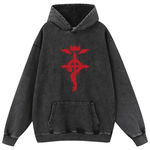 Adult Vintage Washed Distressed Hooded Sweatshirt Fullmetal Alchemist Costume Couples Hoodies Pullover Jacket (Grey 4 X-Large)