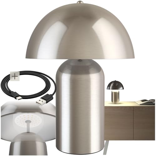tectake® Piccola Lampada da Tavolo Retro, Abat-Jour Design a Fungo anni '70, Batteria Ricaricabile USB-C, Lampda Portatile con funzione Touch, Illuminazione Dimmerabile, Acciaio, 40W - Nichel Opaco