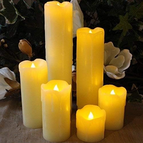 LED Lytes Timer Candles Set of 6, 2" WIDE, 2"- 9" Tall, Dripping Wax affect and Amber Flame, LED Halloween Candles Flickering, Wax Candles for Spooky Home Decor and Vintage Halloween Decor Sets
