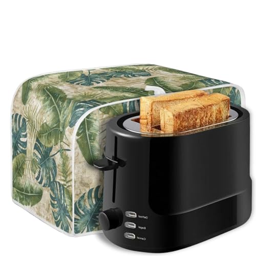 Image of Toaster Dust Cover 2 Slice, Microwave Toaster Oven Grill Cover Stain Resistant Dustproof Kitchen Small Appliance Cover with Top Handle for Kitchen, Monstera Leaf Retro