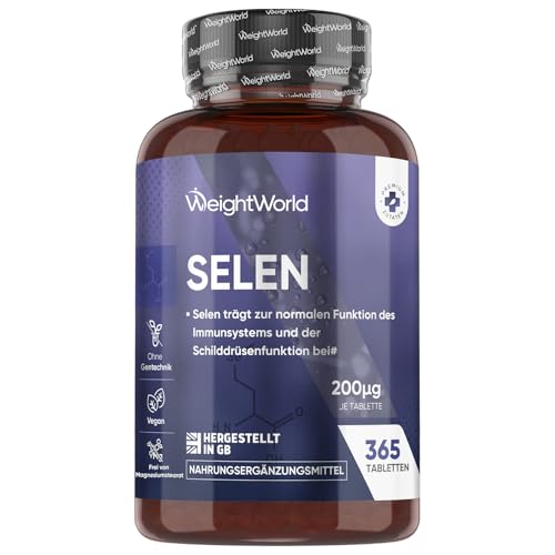 Selen 200µg - 365 Selenium Tabletten - 1 Jahr Vorrat - L- Selenmethionin - Selen trägt zu einer normalen Schilddrüsenfunktion bei (EFSA) - 1 Selenium Tablette Täglich - Glutenfrei - WeightWorld