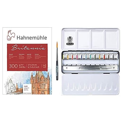 Schmincke Akademie Aquarell - Caja de Acuarelas (12 Unidades, con Pincel Davinci con Molinillo de Grifo, Caja de Acuarela, Britannia Mate, 300 g/m², 17 x 24 cm, 12 Hojas)