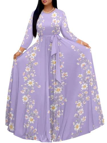 Image of Women Plus Size Long Sleeve V Neck Maxi Dress with Belt | Soft fabric relaxed fit three quarter sleeve v neck with pockets for party and daily wear