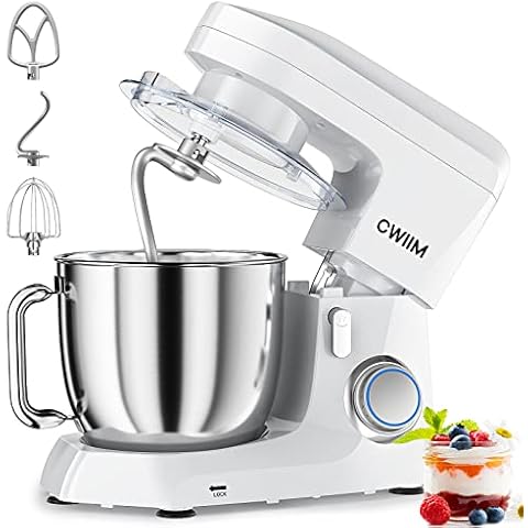 CWIIM Stand Mixer, 4.5L 500W 10 Speed Food Mixer Tilt-Head Electric Kitchen Cake Mixer with Dough Hook, Wire Whip & Beater for Baking, Pizza, Salad - White Cover