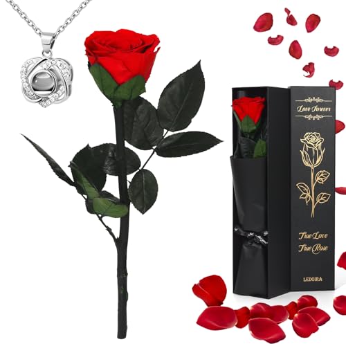 Ledoira Preserved Real Rose Forever Flowers with Heart I Love You Necklace Unique Gifts for Her Mom Grandma Wife Girlfriend Birthday Valentines Christmas Thanksgiving Mother’s Day (Red)