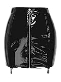 TiaoBug Damen Wetlook Rock Lack Leder Spitzen Minirock Kurz Eng Lederrock mit Reißverschluss Strumpfbändern Punk Gothic Kostüm Gogo Outfits Clubwear Schwarz S
