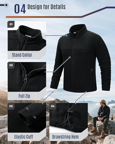 33,000ft Herren Fleecejacke leicht Strickjacke Übergangsjacke Outdoor Fleecejacken Warm Winterjacke für Wandern Freizeit Trekking Schwarz L