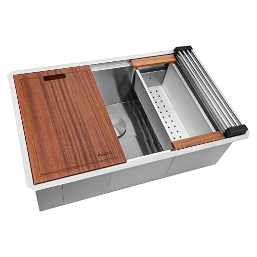 Ruvati 32-inch Workstation Undermount 16 Gauge Stainless Steel Kitchen Sink Single Bowl- Soundproof Undermount Sink with Brushed Finish hides scratches, Modern Workstation Kitchen Sink-RVH8300