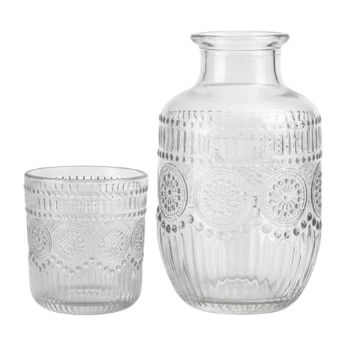 Elegant Glass Carafe with Cup Set – Vintage Snowflake Design Pitcher for Iced Beverages, 18x9.3cm