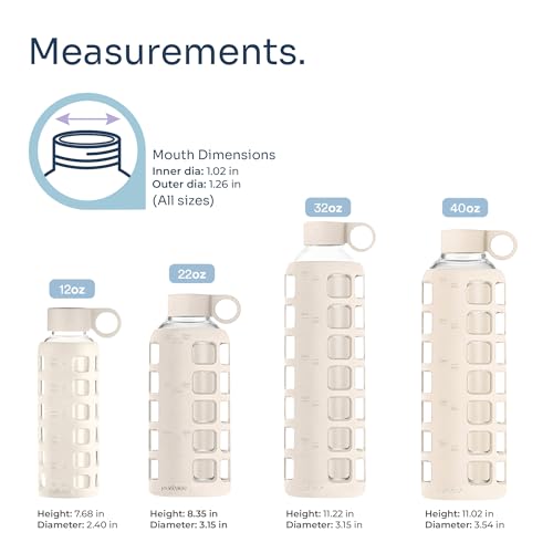 purifyou 40oz / 32oz / 22oz / 12oz Borosilicate Glass Water Bottle with Time & Volume Markers, Silicone Sleeve, Stainless Steel Lid | Reusable Glass Bottle for Water & Juice (32oz Pearled Ivory)