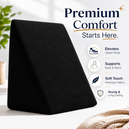 Image of Memory Foam Orthopedic Wedge Pillow for Back, Neck, Leg Support, Pregnancy, GERD, Acid Reflux, Snoring & Post-Surgery Relief - Soft Washable Velvet Cover - Black (46 x 52 x 46 CM)