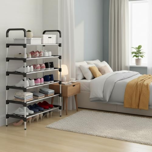 Image of Metal Shoe Rack for Home - Adjustable & Stackable Waterproof Open 5-Tier Shoe Rack for Closet Entryway, Bedroom, Outdoor,Multi-Purpose Carbon Steel Shoe Stand (Black, 6-Shelf)