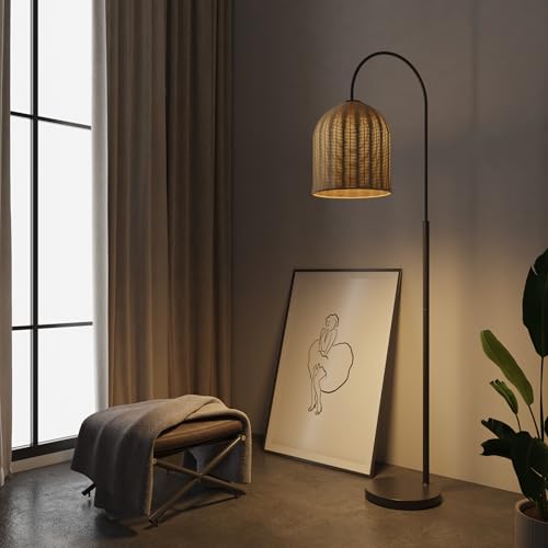 Image of Rattan Floor Lamp, 66in. Boho Floor Lamp with Natural Brown Rattan Shade, Rustic Arc Standing Lamp for Coastal, Beach or Bohemian Style Decor (Coastal-Black)
