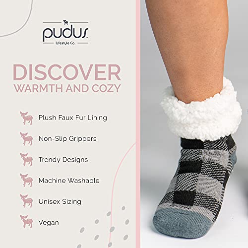 Image of Pudus Cozy Winter Slipper Socks Women & Men w Non-Slip Grippers Faux Fur Sherpa