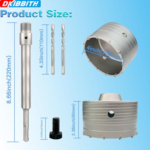 Image of 4 inch Concrete Hole Saw, 102mm Tungsten Steel Core Bit for Cinder Block, Brick, Rock, Plank Walls for Pipes or mini Split Lines, with SDS Plus Shank and 2 Center Positioning Drill Bits.