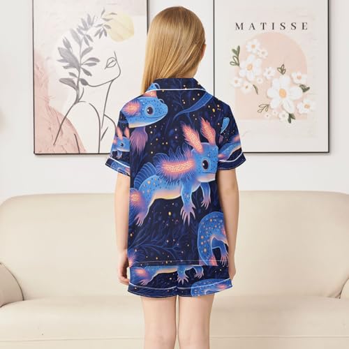 Satin Pajama Sets Short Sleeve Glowing Axolotl Pattern Prints Button Down Silky Nightwear 2 Piece PJS 5-14Y4